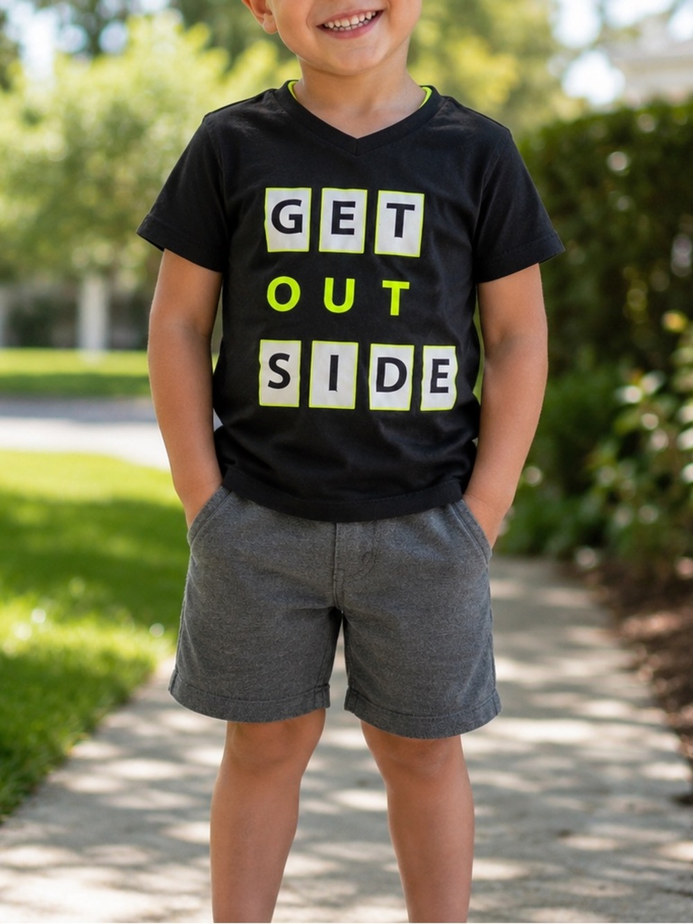 Spotted Zebra Boys Black “Get Out Side” Tee Size 4T Neon Graphic Shirt